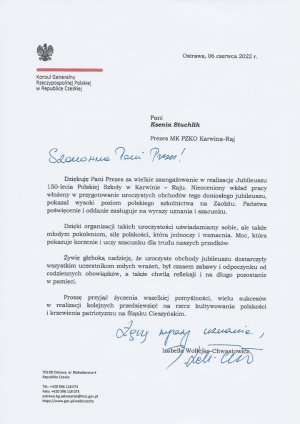 Podziękowania Pani Konsul Generalnej RP w Ostrawie